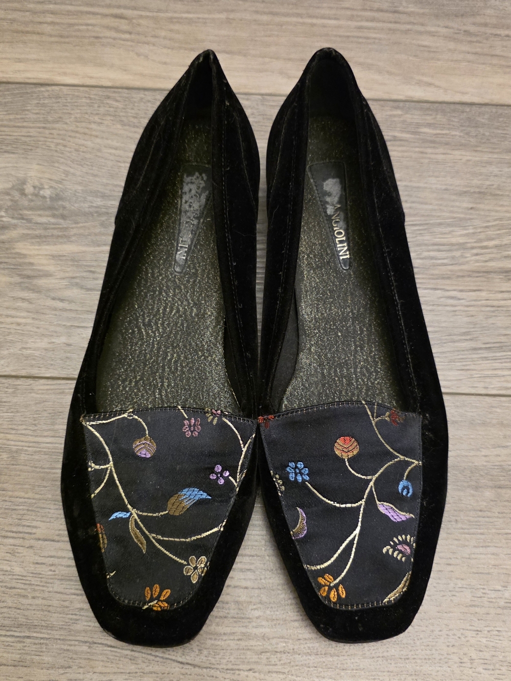 Vtg 90s Enzo Angiolini "Liberty" Black Velvet Floral Brocade Smoking Loafers Fla